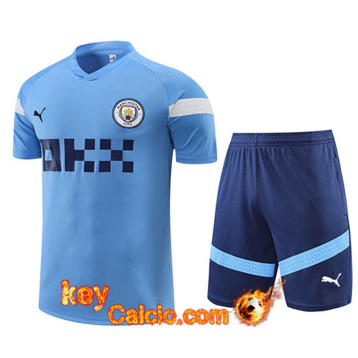 Kit Maglia Allenamento + Pantaloncini Manchester City Blu 2022/2023